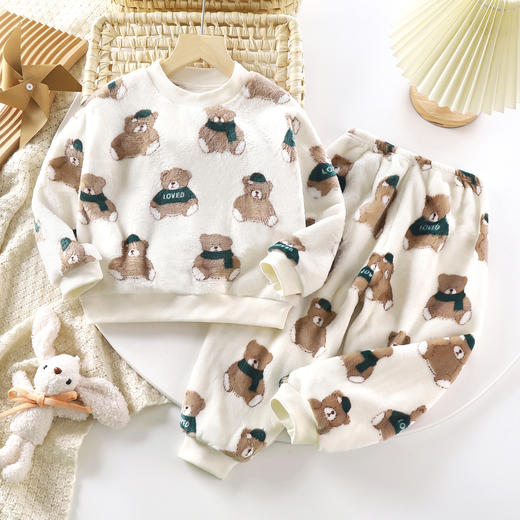 【秋冬保暖！一套搞定】卡通图案，萌趣可爱，法兰绒儿童睡衣套装韩版男女童加绒加厚家居服中大童保暖内衣套装。rb 商品图9