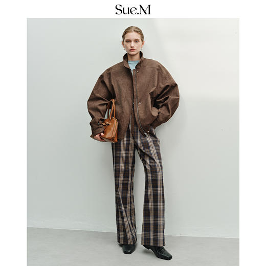 Sue.M 经典时髦磨毛格子裤25秋 双色纱线抽绳松紧腰宽松阔腿裤女 商品图3