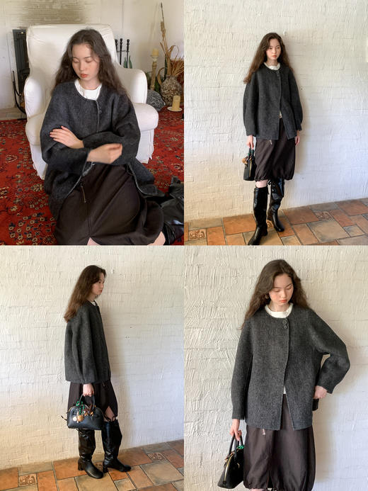 素舶 桑蚕丝兔绒丝滑蓬松质感圆领两粒扣短款双面呢大衣小个子 商品图2