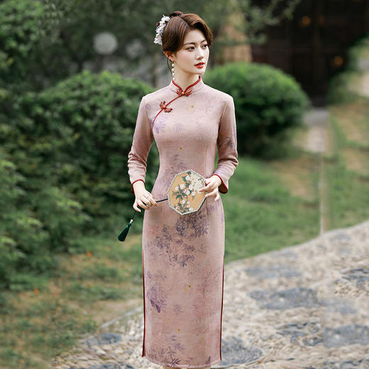 SC22064新款春季印花麂皮绒长款七分袖显瘦旗袍中国风气质修身连衣裙 商品图0