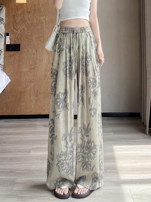 【清爽出街！回头率爆棚】垂感十足，复古印花青瓷花冰凉丝亚麻阔腿裤女夏季薄款宽松防蚊裤大码直筒休闲裤。rb 商品图4