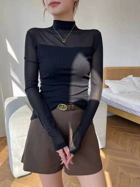 SZ3T55_漆黑色_T恤_秋季_半高领透视网纱拼接修身长袖_高级女装_BERNIEELEN 伯妮斯茵