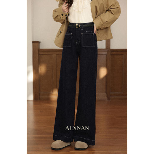 【65折秒杀】鹿向南「卡米桂雾」深蓝色宽松垂感直筒牛仔裤女初秋显瘦高腰长裤L57697 商品图3