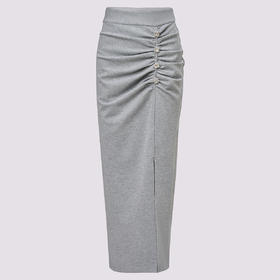 MAXRIENY2025秋冬小众设计感灰色褶皱高腰开叉卫衣包臀半裙半身裙