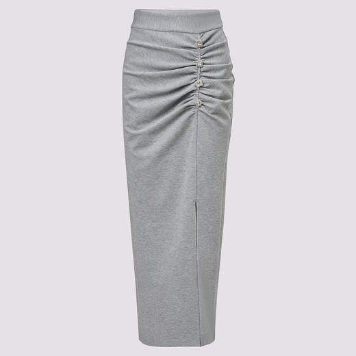 MAXRIENY2025秋冬小众设计感灰色褶皱高腰开叉卫衣包臀半裙半身裙 商品图0