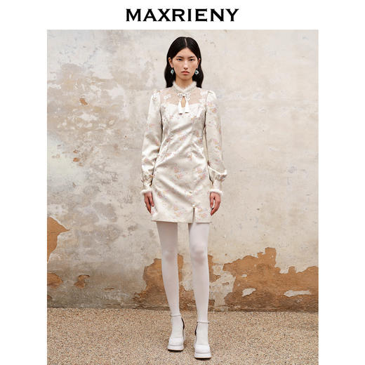 MAXRIENY新中式盘扣国风改良旗袍设计感印花修身显瘦秋冬连衣裙(货号:MS88DR512) 商品图1
