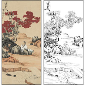 谢稚柳山水工笔画白描底稿《水湄静观图》临摹勾线高清打印稿XZ41