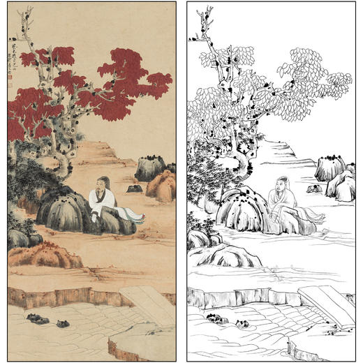 谢稚柳山水工笔画白描底稿《水湄静观图》临摹勾线高清打印稿XZ41 商品图0