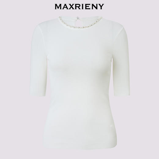 MAXRIENY精致简约感25夏款钉珠套头毛针织衫七分袖收腰显瘦上衣女(货号:MF86SW004) 商品图4