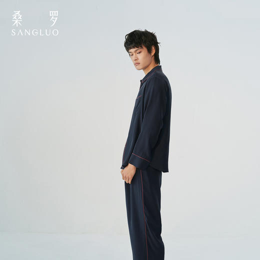 沉稳男士』桑罗藏青色真丝睡衣100%桑蚕丝撞色男士家居服可外穿 商品图1