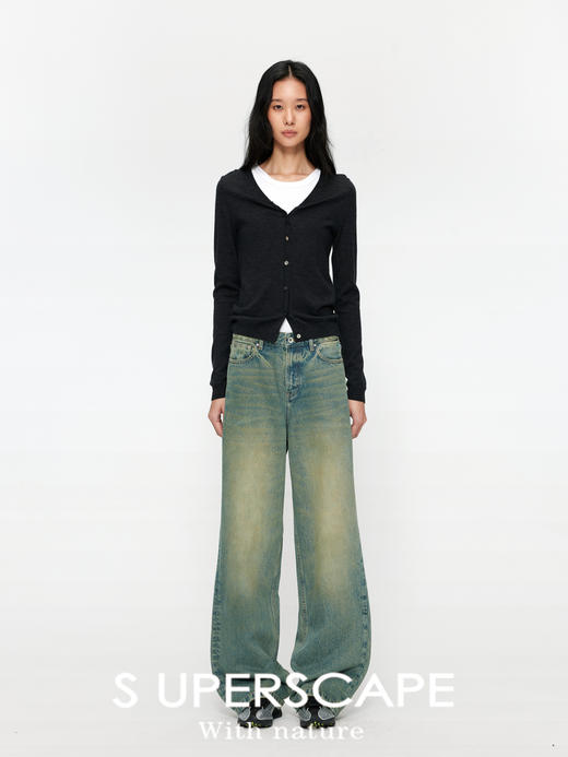 素舶 S2 宽松直筒复古靛蓝绳染做旧水洗中腰显瘦全棉牛仔裤 商品图1