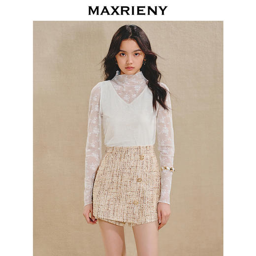 MAXRIENY【新年红系列】蕾丝雪纺衫气质修身显瘦高领上衣打底衫女(货号:MS85TP516) 商品图0