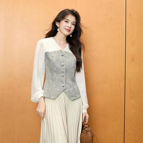 「自」全新升级【铂金会员192/天猫259/差价67】(00808)洛诗琳法式小香风长袖衬衫2025秋季气质假两件V领雪纺上衣