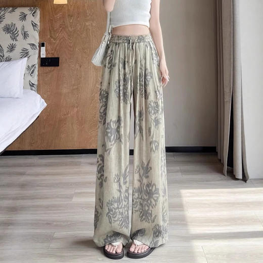【清爽出街！回头率爆棚】垂感十足，复古印花青瓷花冰凉丝亚麻阔腿裤女夏季薄款宽松防蚊裤大码直筒休闲裤。rb 商品图3