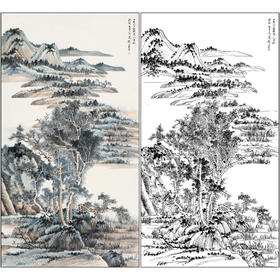 谢稚柳山水工笔画白描底稿《江邨消夏》临摹勾线高清打印稿XZ40