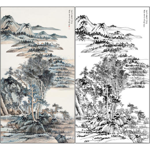 谢稚柳山水工笔画白描底稿《江邨消夏》临摹勾线高清打印稿XZ40 商品图0