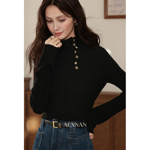 鹿向南「黑松绵绵」法式黑色T恤女2025早秋新款显瘦气质长袖上衣 商品图0