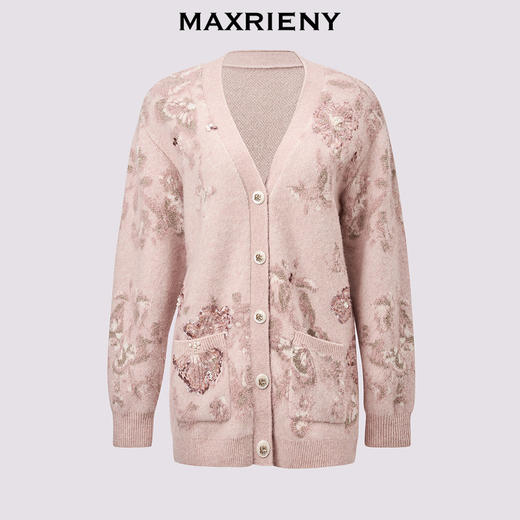 【宫廷巴洛克-商场同款】MAXRIENY浪漫复古感粉玫瑰印花毛衫外套(货号:MC85JA545) 商品图4