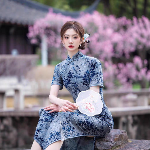 2025春夏新款中国风扎染长款复古旗袍女装改良修身显瘦连衣裙 商品图1