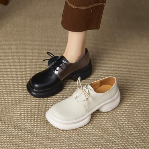 【预售5天】真皮厚底乐福鞋女新款秋冬系带小皮鞋粗跟增高深口单鞋YMT&A3461 商品图0
