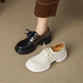 【预售5天】真皮厚底乐福鞋女新款秋冬系带小皮鞋粗跟增高深口单鞋YMT&A3461