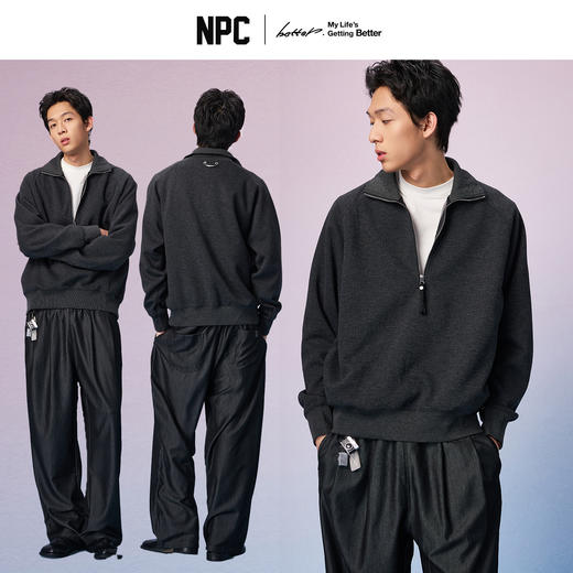 NPC潮牌亚麻混纺半开襟拉链卫衣男立领廓形落肩上新秋季NP57ST16 商品图0