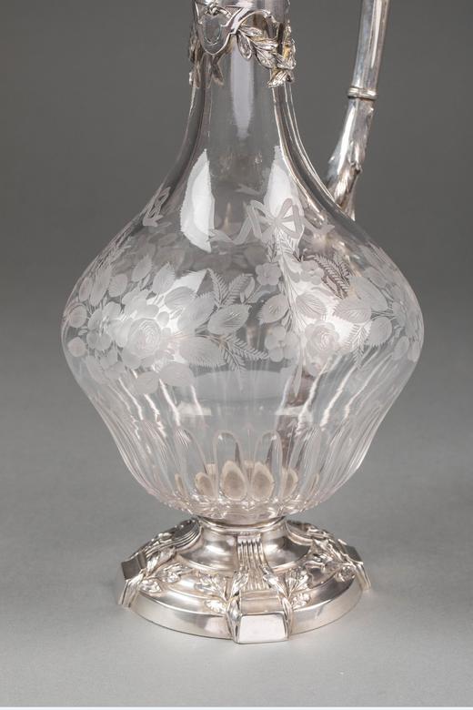 独角鹿西洋古董19世纪法国出品路易十五风格古典卷叶纹纯银精雕镶嵌花卉主题蚀刻水晶单耳酒壶 商品图4