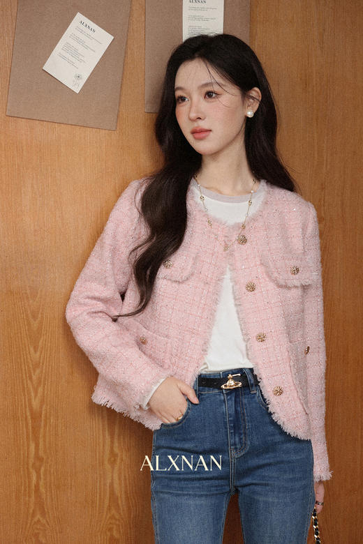 【65折秒杀】鹿向南「海岛粉盐」粉色正肩小香风外套女秋季新款巨好看短款上衣 商品图5