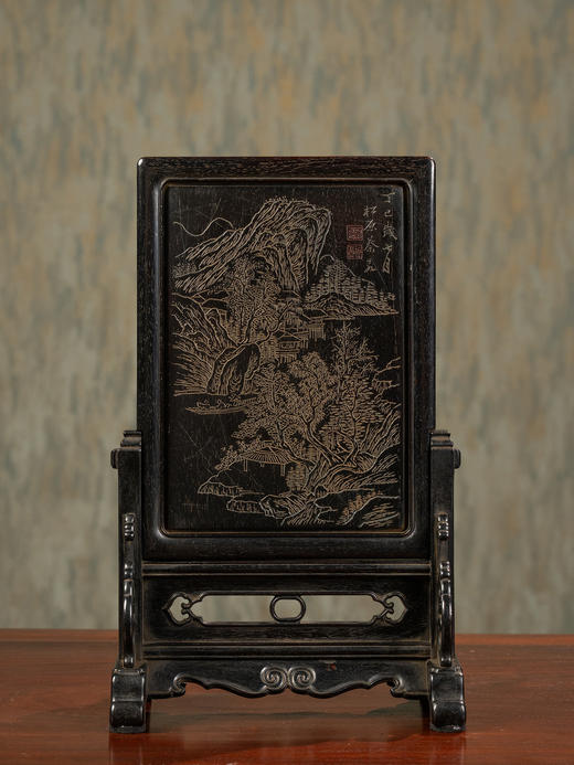 清	紫檀阴刻山水诗文砚屏 商品图3