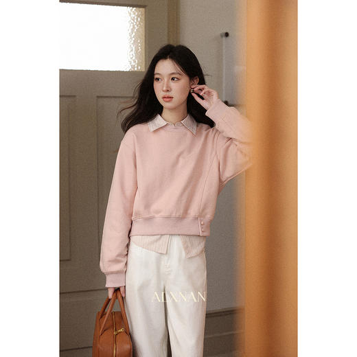 【6折秒杀】鹿向南「花涧蜜语」粉色条纹polo领休闲衬衫女秋宽松减龄长袖上衣L57652 商品图4