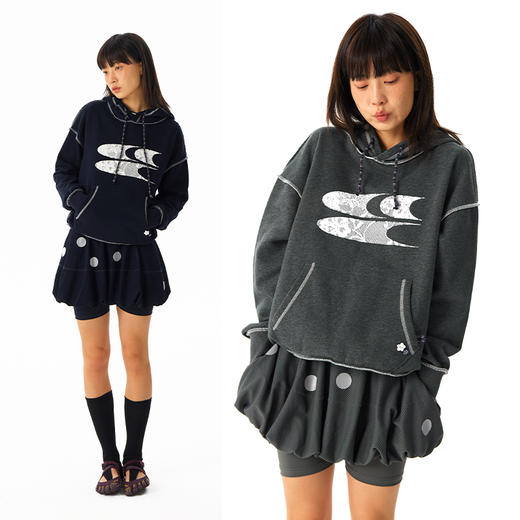 CryingCenter 条纹小花蕾丝印花抓绒连帽合身中短款卫衣 哭喊中心 商品图0