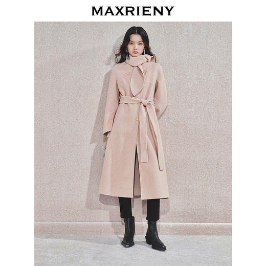 MAXRIENY精致肌理感绵羊毛大衣24冬新款收腰显瘦系带外套中长款(货号:MS85CT768) 商品图0