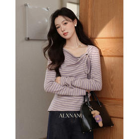 鹿向南「谧序浅漪」不规则紫色条纹长袖t恤女早秋新款设计感上衣