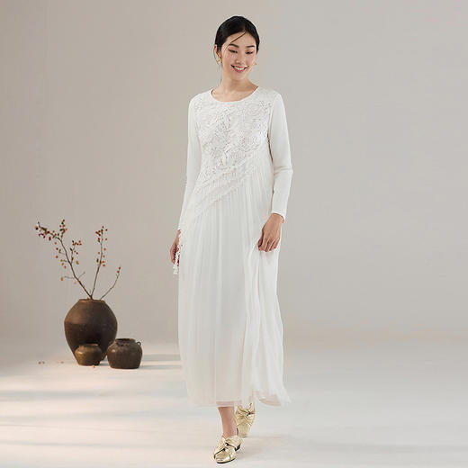 【林栖设计小店】【现货】真丝立体绣花连衣裙收腰紫色优雅长袖2025秋冬新款长裙女T1954114 商品图13