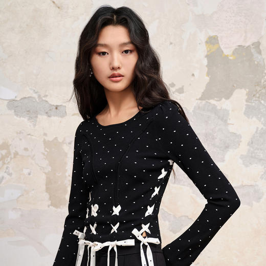 MAXRIENY赫本风芭蕾波点针织修身上衣(货号:MC88SW588) 商品图3