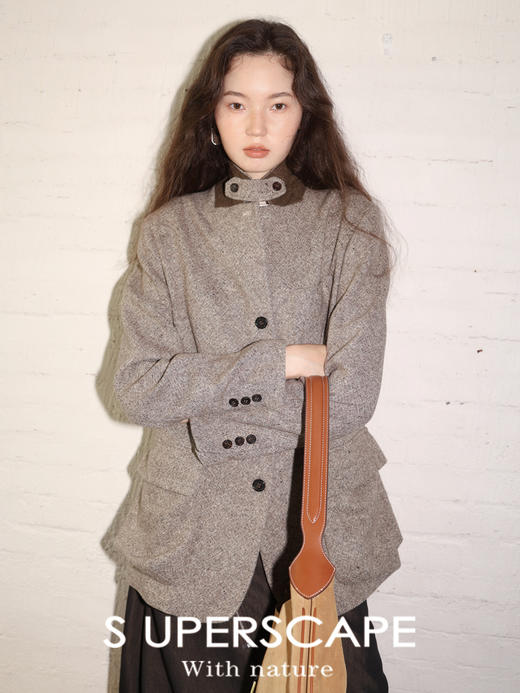 素舶 全羊毛粗纺杂花肌理感廓形裁剪微收腰立领翻领天然牛角扣西装外套 商品图4