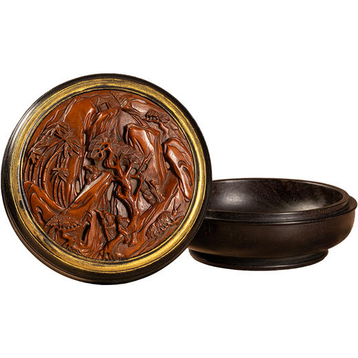 清	紫檀嵌黄杨透雕山水人物圆形香盒 商品图5