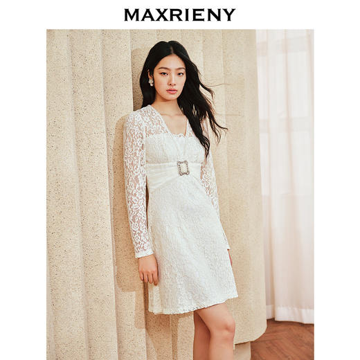MAXRIENYMAXRIENY 精致浪漫感蕾丝连衣裙收腰荷叶边中长裙(货号:MS85DR074) 商品图1