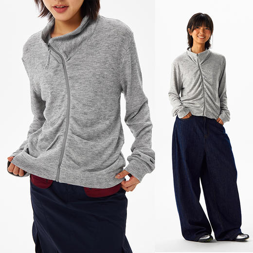 CryingCenter 斜门襟抽褶拉链开衫 哭喊中心 商品图0