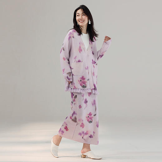 【林栖设计小店】木槿紫听风系列印花毛织外套羊驼毛流苏宽松显瘦2025秋冬新款开衫毛衣女1954078 商品图7