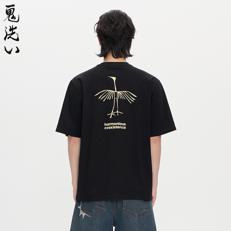 ONIARAI/鬼洗25秋季黑标古鸟图腾印花常规短T恤男式休闲 A840022