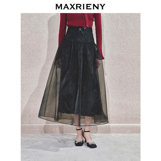 MAXRIENY时尚百搭高腰拼接纱裙中长款显瘦气质半身裙(货号:MS85SK767) 商品图1