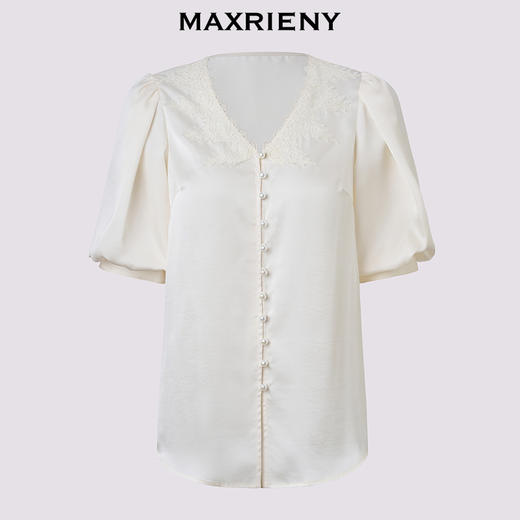 MAXRIENY精致宫廷风蕾丝雪纺衫25夏款绣花泡泡袖衬衫衬衣女上衣(货号:MF86TP016) 商品图4