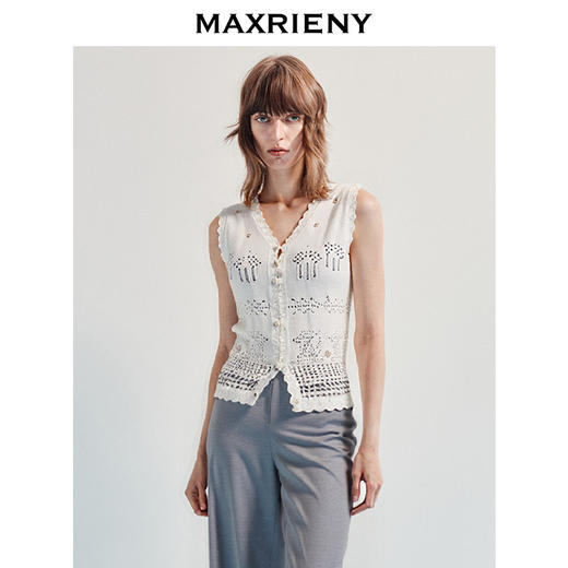 2025夏马夹MAXRIENY波嬉风宽松v领毛针织马甲25夏款波西米亚风(货号:MF86VE252) 商品图2