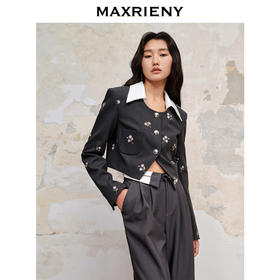 MAXRIENY法式田园刺绣宽肩短款西装外套格雷系穿搭(货号:MC88JA558)