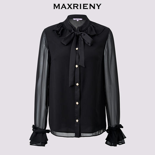 MAXRIENY法式慵懒感穿搭雪纺衬衫女25秋款H型系带蝴蝶结宽松上衣(货号:MF86TP508) 商品图4
