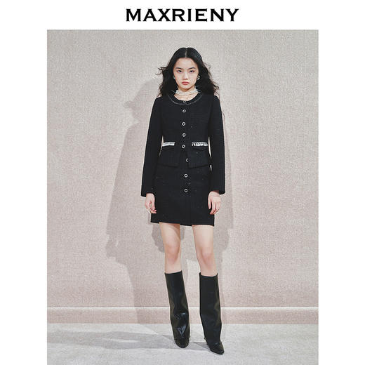 MAXRIENY秋冬小香风黑色高腰半身裙时尚显瘦秋季粗花呢短裙(货号:MS85SK760) 商品图1