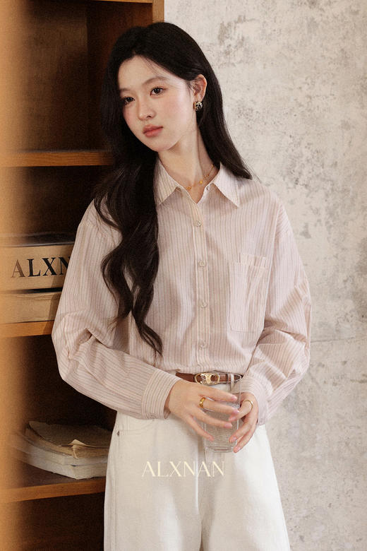 【6折秒杀】鹿向南「花涧蜜语」粉色条纹polo领休闲衬衫女秋宽松减龄长袖上衣L57652 商品图5