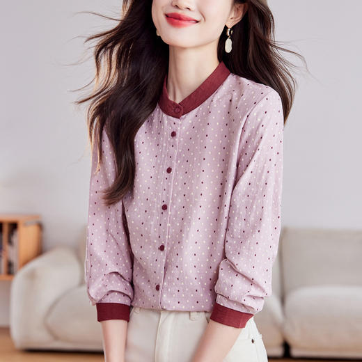 KQL 369H9806韩版设计感拼色圆点长袖衬衫女减龄 商品图2