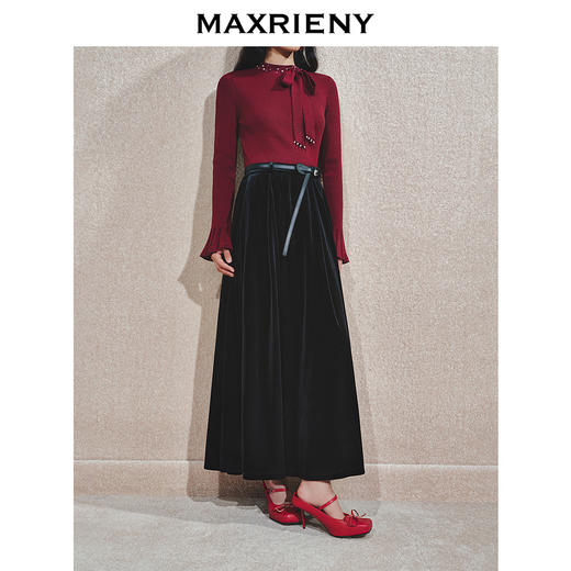 MAXRIENY浪漫复古感A字丝绒半裙24冬新款法式赫本风高腰长裙修身(货号:MS85SK509) 商品图1